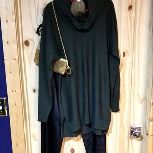 Joan Vass New York cowl neck olive green tunic women's sweater, L